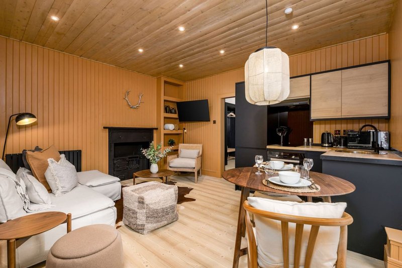 Open-plan living area with wooden walls, fireplace, sofa, dining table and kitchen area