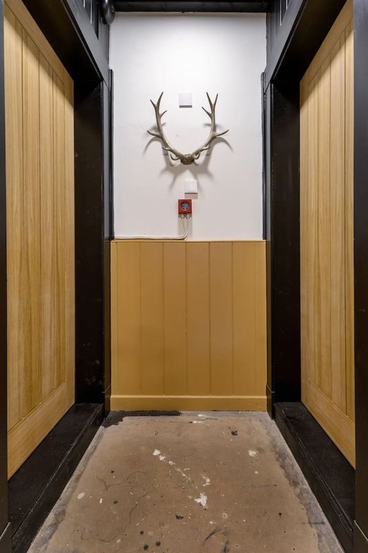 Narrow entryway with wooden doors, mounted antlers decoration, and yellow half-paneled walls