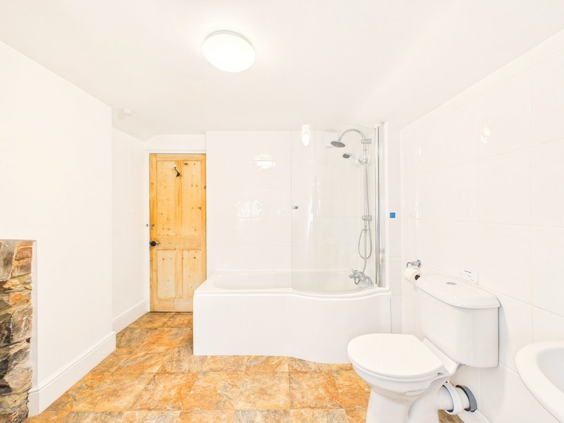 Spacious bathroom with bathtub, toilet, sink, wooden door and cork flooring