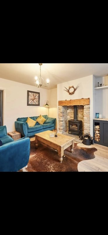 Cozy living room with blue sofa, wood-burning stove, fireplace and pendant lighting