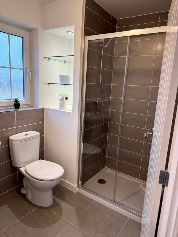 Modern bathroom with toilet, walk-in shower enclosure, vanity mirror and window