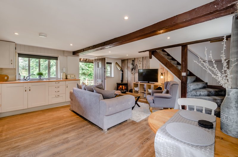 Open-plan living space with kitchen, sofa, fireplace, exposed beams and wooden flooring
