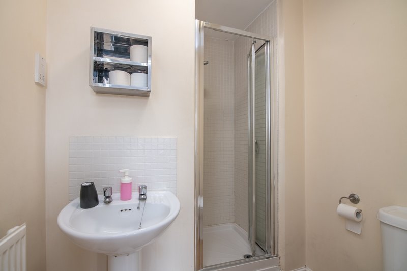 Clean bathroom with pedestal sink, shower enclosure, and wall-mounted storage cabinet