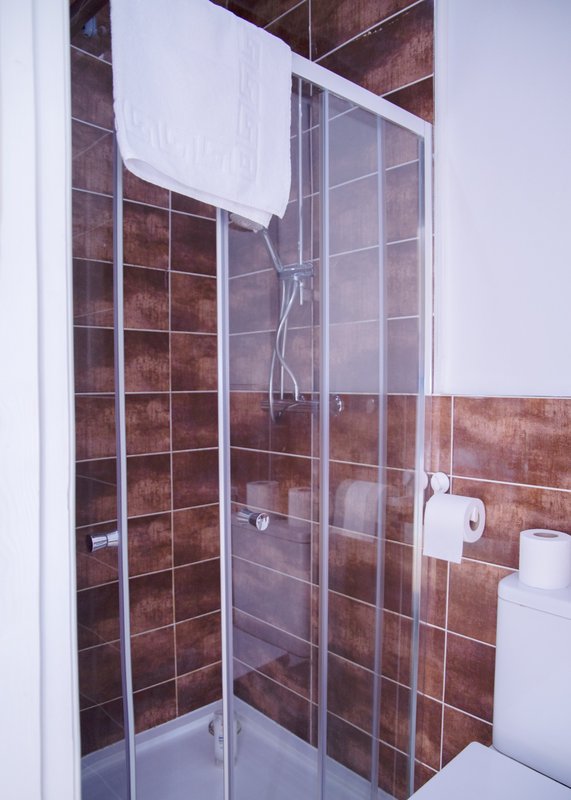 Bathroom with brown tile walls, glass shower enclosure and white towel rail