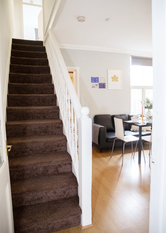 Staircase with brown carpet and white bannister leading to open-plan living and dining area