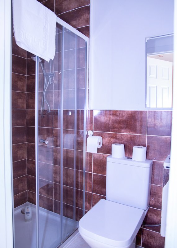 Modern bathroom with burgundy tile, shower enclosure, toilet, and white candles on shelf