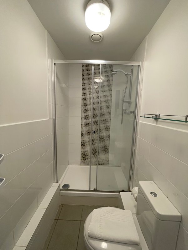 Modern bathroom with shower enclosure, white tiles, toilet and ceiling light