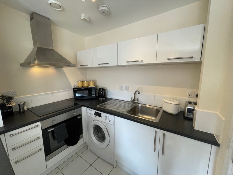 Modern kitchen with white cabinetry, black countertops, integrated appliances and sink