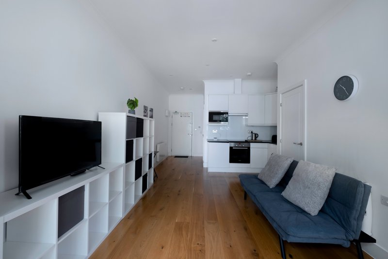 Open-plan living area with sofa, TV, storage unit and white kitchen, wooden floor