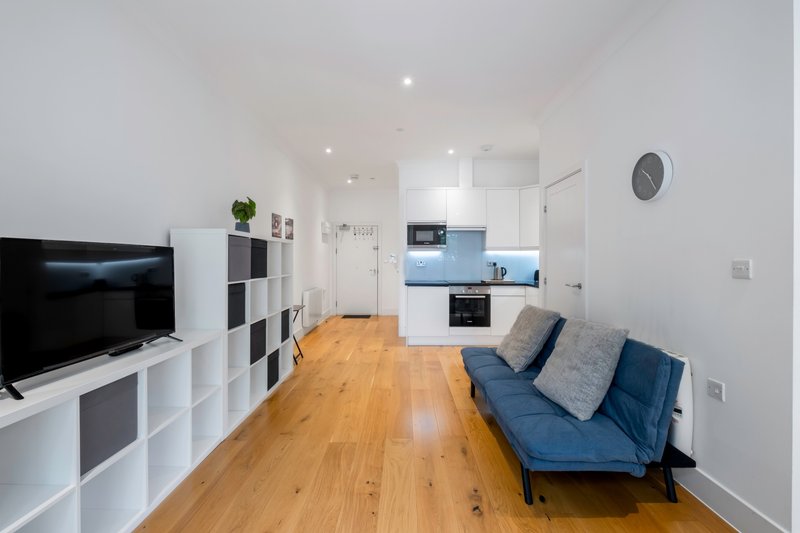 Open-plan living room with blue sofa, TV unit, kitchen area and wooden flooring