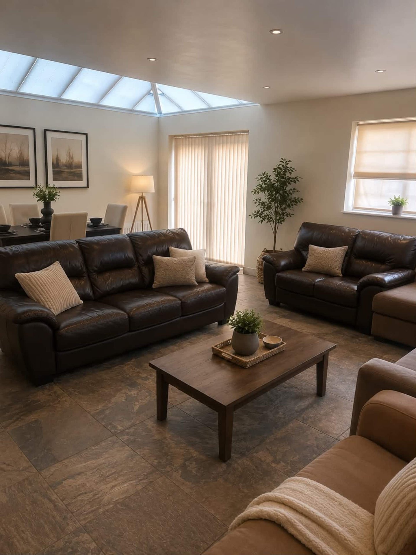 Spacious living room with dark leather sofas, wooden coffee table, skylight, and glass doors