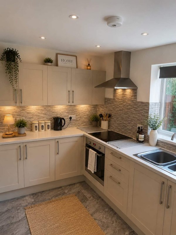 Modern kitchen with cream cabinets, brick backsplash, stainless steel appliances and pendant lighting