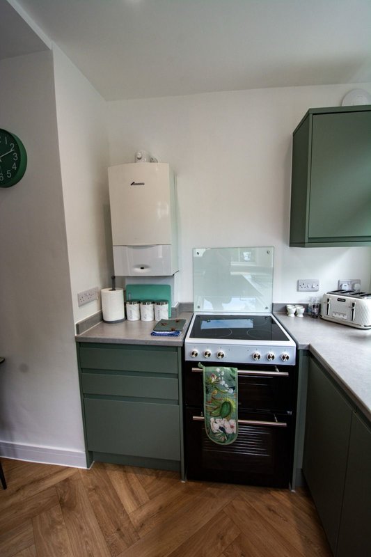 Small kitchen with green cabinets, black oven, white boiler and wooden flooring