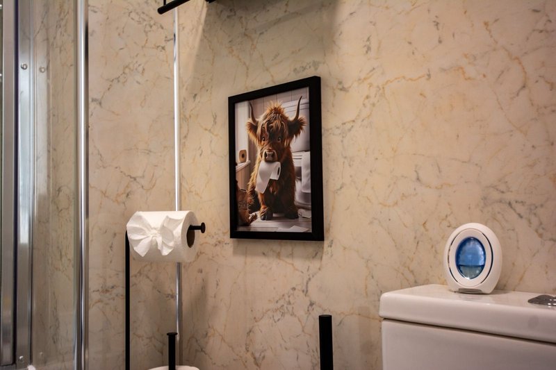 Bathroom with marble-effect walls, framed cow portrait, toilet paper holder and toilet