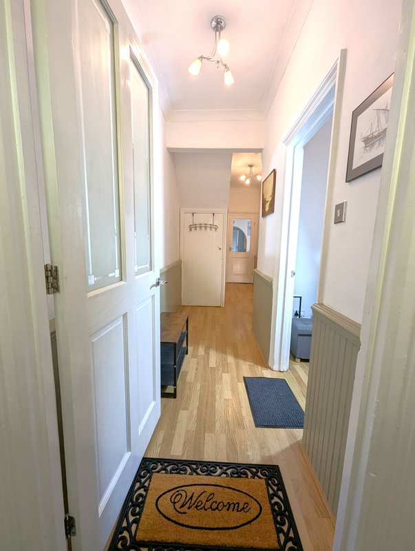 Narrow hallway with white doors, wooden flooring, welcome mat, and ceiling light fixture
