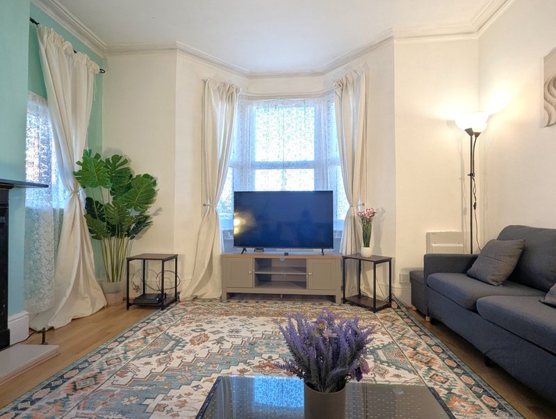 Bright living room with sofa, TV, large windows with curtains, plants and area rug