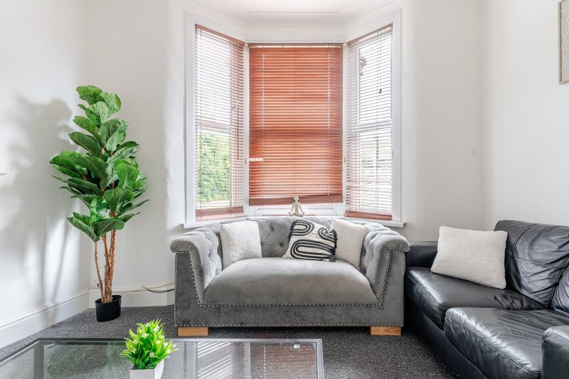 Bright living room with gray upholstered sofa, black leather armchair, potted plant and bay window with orange blinds