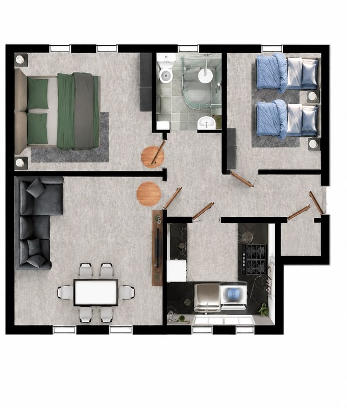 Overhead floor plan of apartment showing bedroom, kitchen, bathroom, living and dining areas