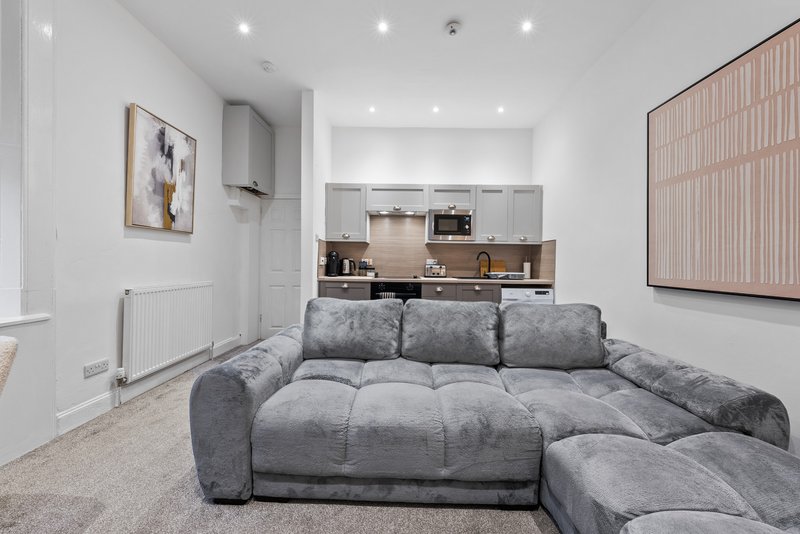 Modern open-plan living space with gray sofa, kitchen area, and framed wall art
