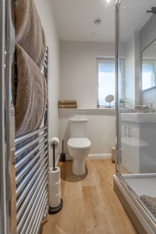 Modern bathroom with toilet, walk-in shower, heated towel rail and wooden flooring