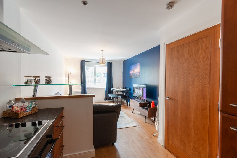 Open-plan kitchen and living area with blue feature wall, wooden doors, and modern furnishings