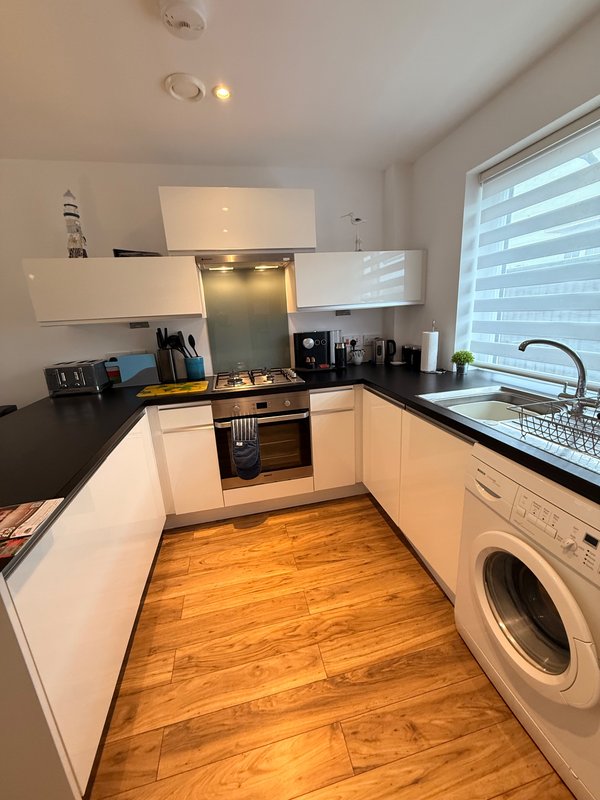 Modern kitchen with white cabinets, black countertop, wooden flooring and stainless steel appliances