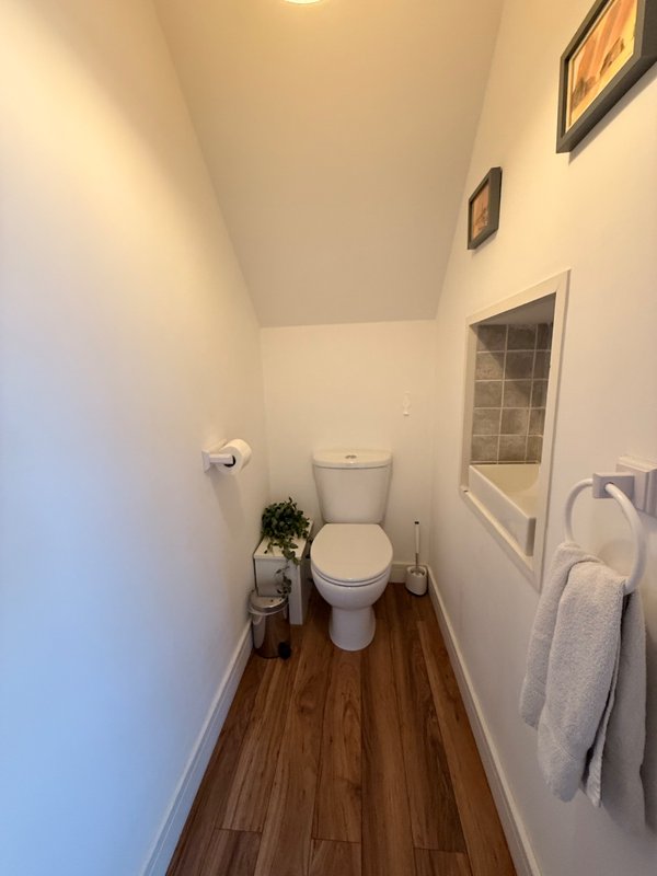 Compact bathroom with toilet, sink, wooden floor and wall-mounted towel rail