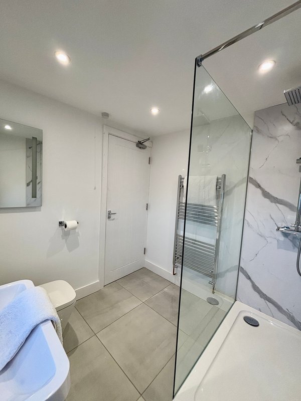 Modern bathroom with walk-in shower, toilet, heated towel rail and mirror
