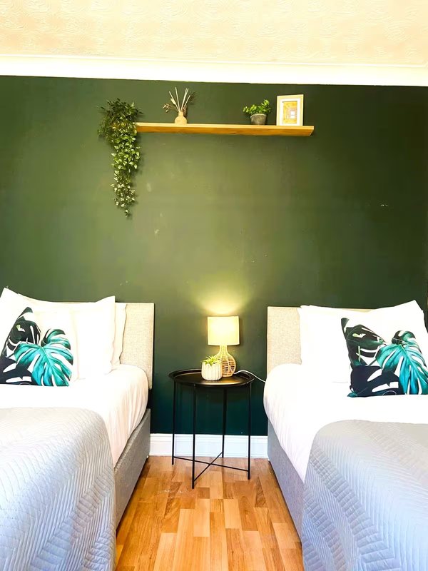 Modern twin bedroom with green accent wall, wooden shelf, table lamp, and potted plants