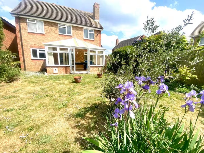 Brick detached house with garden, purple flowers in foreground, patio and lawn