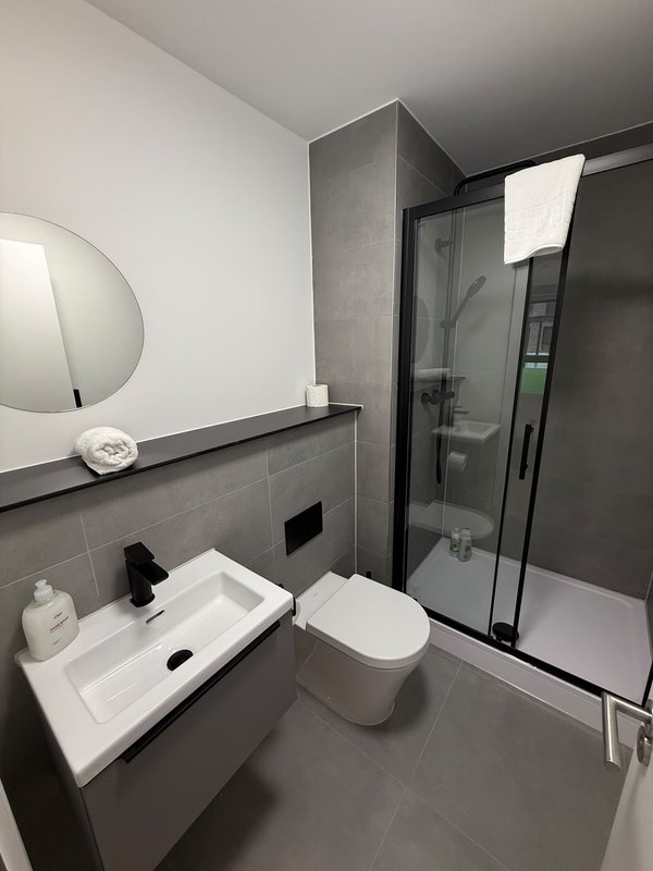 Modern bathroom with grey tile, white sink, toilet, and walk-in shower enclosure