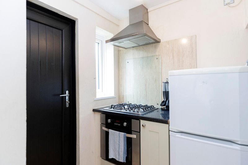 Compact kitchen with gas hob, extractor hood, oven, white fridge and black door