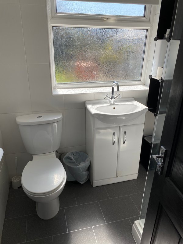 Bathroom with toilet, white sink vanity, dark tile flooring and frosted window