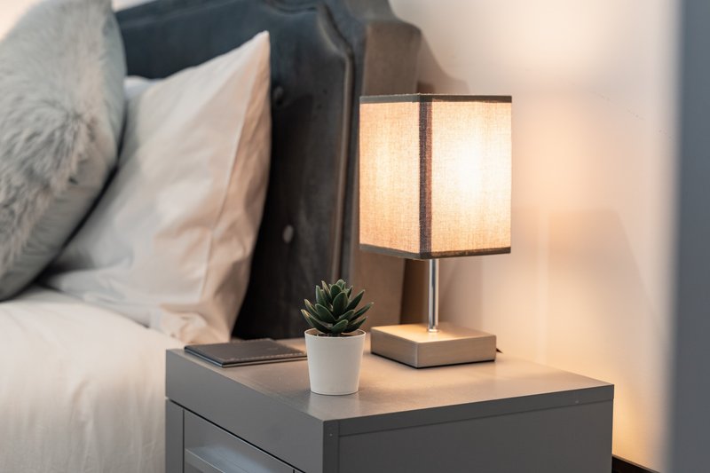 Bedroom nightstand with table lamp, potted succulent plant, and book beside bed
