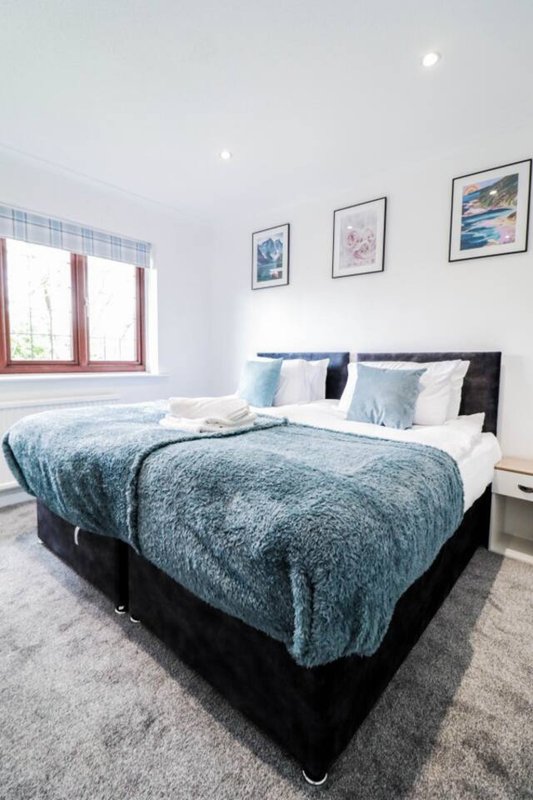 Bright bedroom with double bed, blue bedding, cushions, framed wall art, and window with red curtains