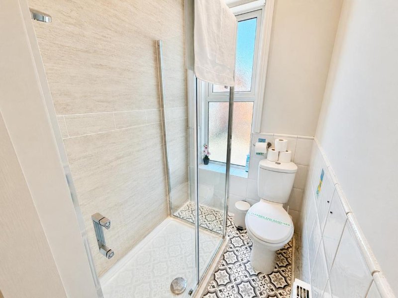 Small bathroom with shower enclosure, toilet, sink and patterned floor tiles