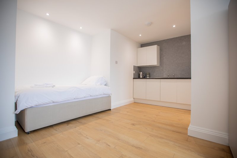 Modern studio bedroom with bed, kitchenette, wooden flooring and recessed lighting
