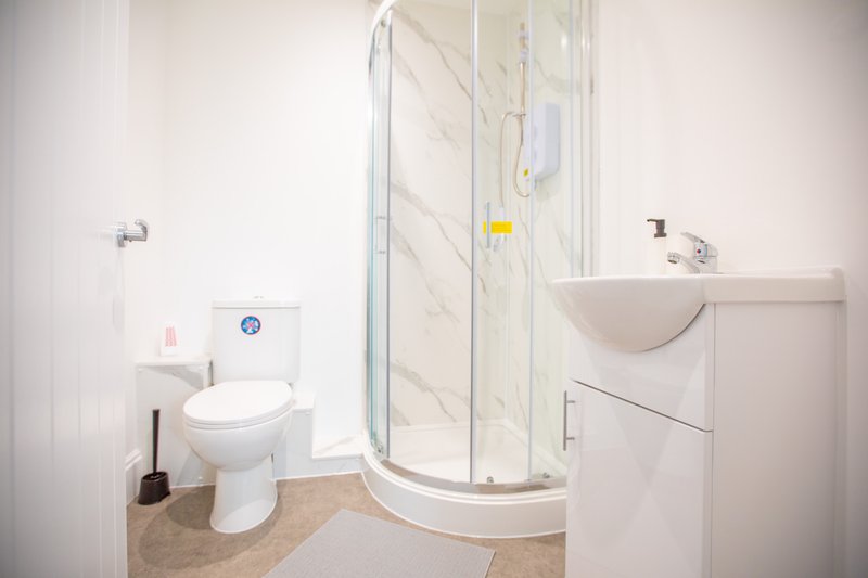 Clean modern bathroom with toilet, curved shower enclosure, and white sink vanity