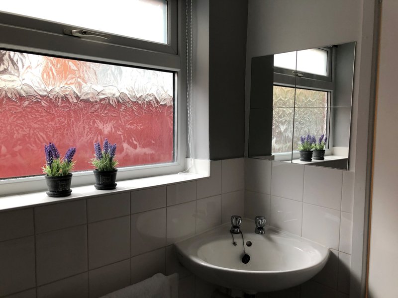 Bathroom with circular sink, tiled walls, window with potted plants on sill
