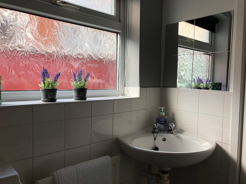 Bathroom with round white sink, tiled walls, window with potted plants and patterned privacy film