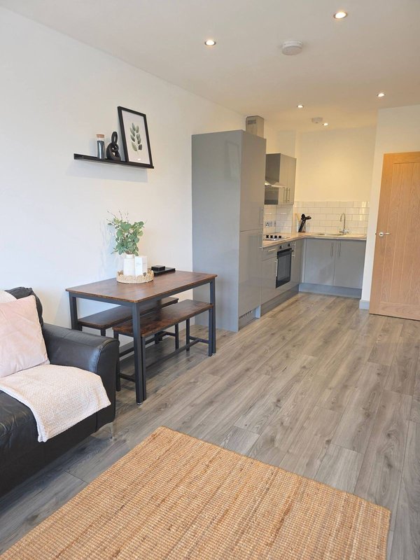 Open-plan kitchen and living area with dining table, seating, potted plant and wooden flooring