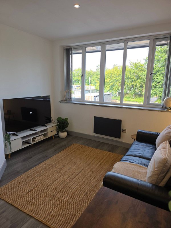 Living room with leather sofa, TV stand, large windows overlooking green trees, wooden floor and rug