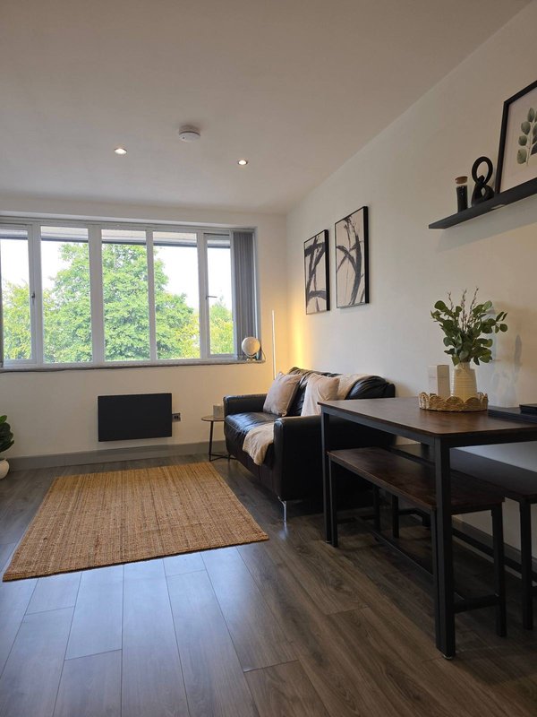 Modern studio apartment with black sofa, desk, shelving and large windows overlooking garden