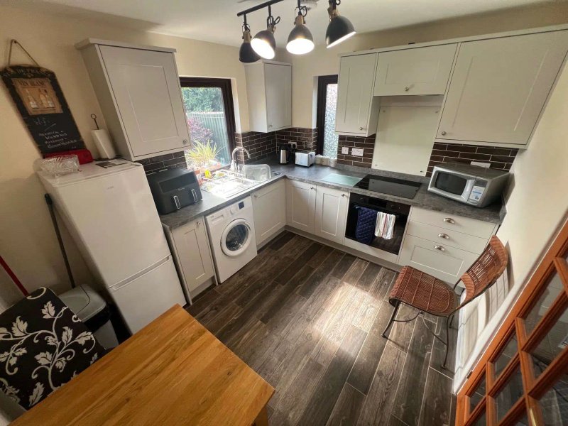 Modern kitchen with white cabinetry, black countertops, stainless steel appliances, and wooden flooring