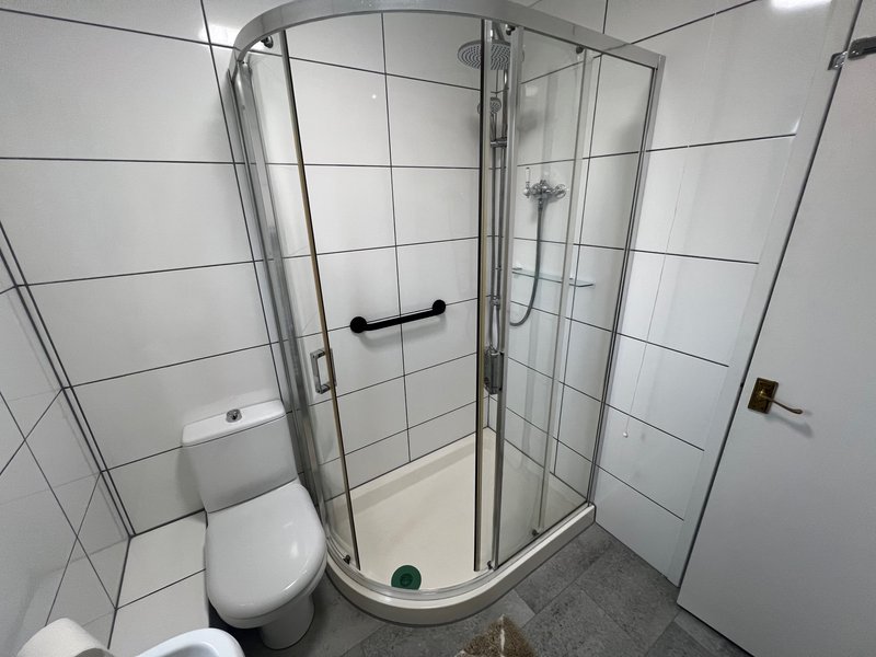 Modern bathroom with corner shower cubicle, toilet, white wall tiles and grey floor