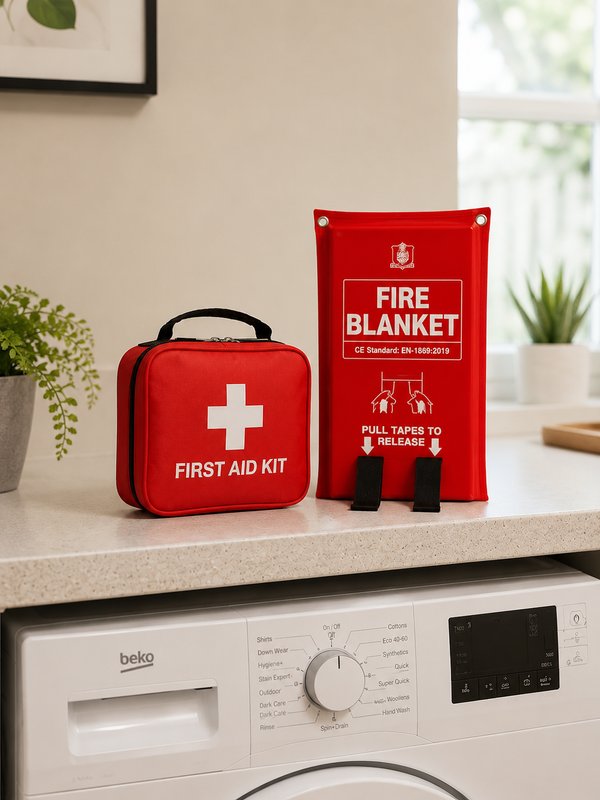 Kitchen counter with first aid kit, fire blanket, and washing machine below