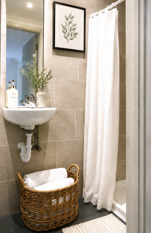 Bathroom with wall-mounted sink, shower curtain, framed botanical print, and wicker storage basket