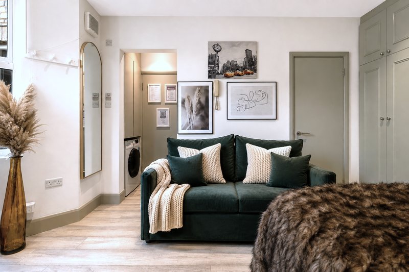 Modern studio apartment with dark sofa, decorative cushions, wooden flooring and wall art