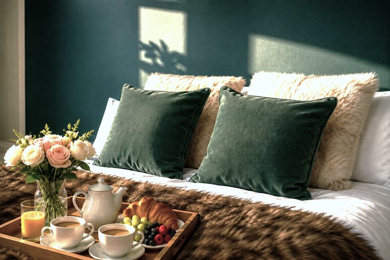 Bedroom with double bed, green pillows, fresh flowers and morning light from window