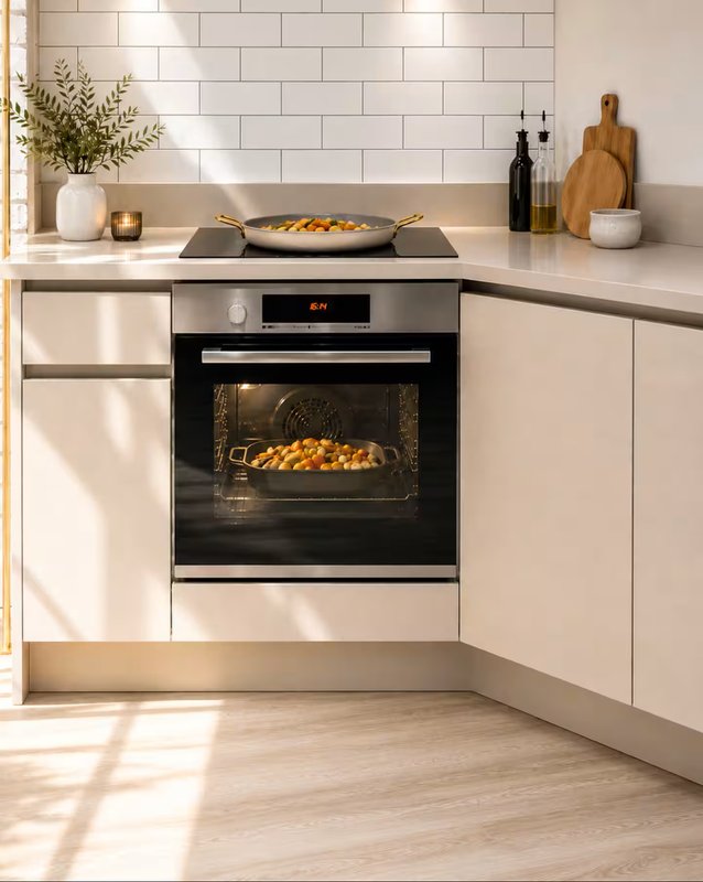 Modern kitchen with built-in oven, white subway tile backsplash, countertop decor and wooden accessories